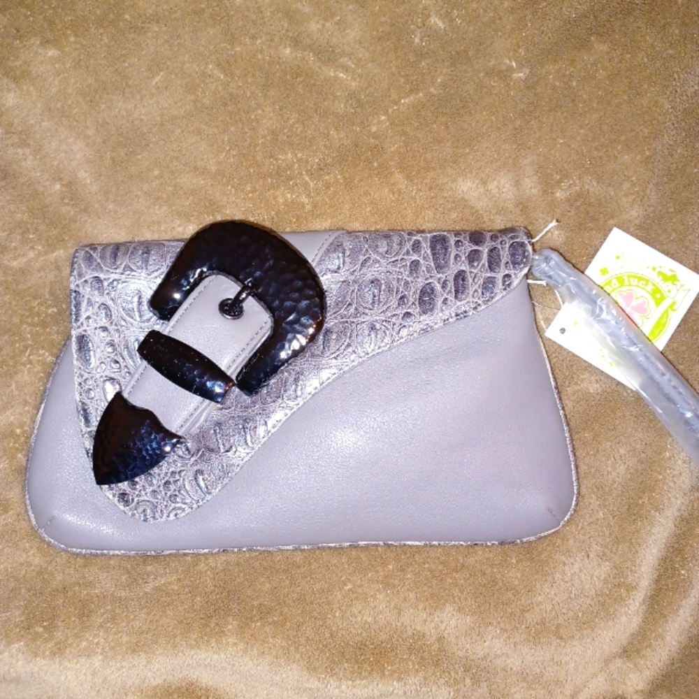 NWT Charm and Luck Purse Clutch Handbag Faux Embossed Croc Gray Gunmetal